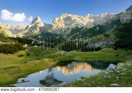 Scenic Landscape Of Mountain Valley With Bukumirsko Lake In Alps Of Montenegro. Stunning View Of Mou