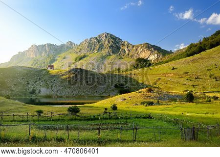 Scenic Landscape Of Mountain Valley With Bukumirsko Lake In Alps Of Montenegro. Stunning View Of Mou
