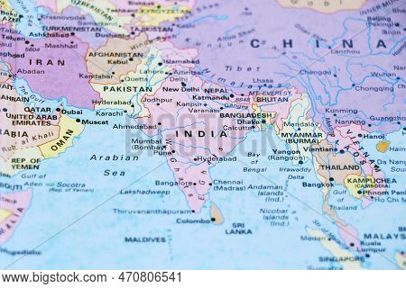 Dubai, United Arab Emirates - November 27, 2022 Close Up Of A World Map With Asian Side, India Subco