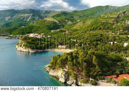Amazing Aerial Top Drone View Of Coast Of Adriatic Sea. Top Down View Of Picturesque Milocher Beach 