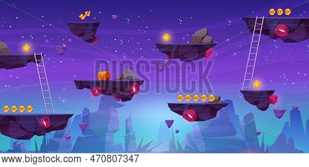 Vector Game Space Background Landscape. Cartoon Planet In Galaxy For Arcade Videogame. 2d Ui Level M