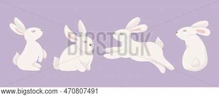 Easter Bunny Trendy Set. Set Of Cute White Rabbits Or Hares. Flat Cartoon Colorful Vector Illustrati