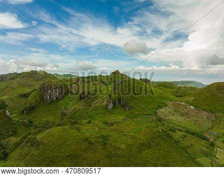 Aerial Drone Of Mountains And Green Hills Among Clouds And Fog. Osmena Peak. Mountain Landscape. Ceb