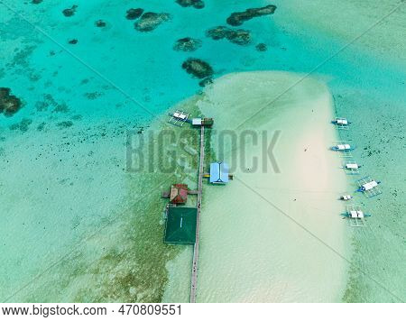Aerial Drone Of Atoll With Tropical Island And Beach. Onok Island, Balabac, Philippines.
