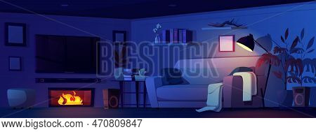 House Room Night Interior With Furniture. Modern Dark Living Room With Sova, Tv, Table With Books, F