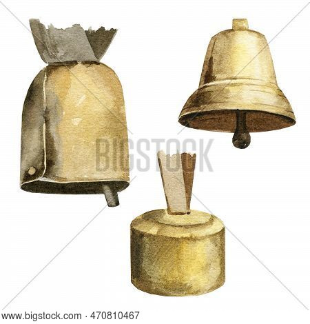 Illustration Of Set Of Different Bells, Watercolor Bells For Cows, Metal Bells For Cows Necks, Hand 