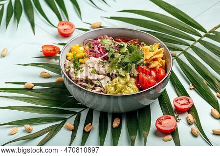 Hawaiian Chicken Poke Bowl With Rice And Vegetable