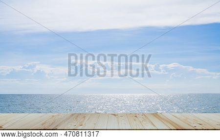 Summer Table On Sea Background,bar Counter Wooden On Ocean With Cloud Blue Sky On Sun Day,empty Desk