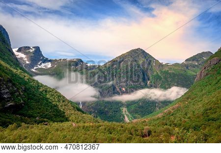 Scenic Norwegian Landscape In The Summer. Photo Taken On The Trail From The Mountain Lodge To Briksd