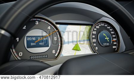 Modern Sports Car Steering Wheel And Cocpit With Navigation Screen. 3d Illustration.