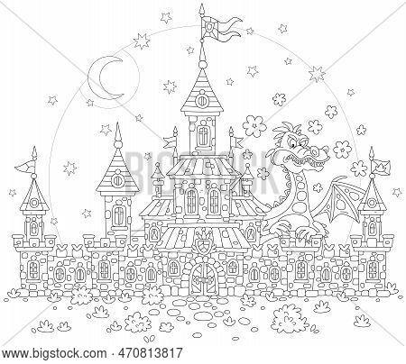 Fairytale Castle With High Towers, Defensive Stone Walls, Gates, Waving Royal Flags And A Mythical F
