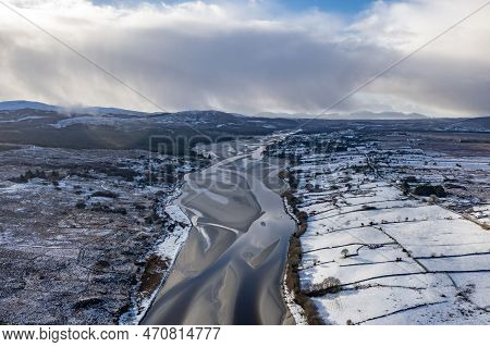 Aerial View Of Snow Covered Gweebarra River Between Doochary And Lettermacaward In Donegal - Ireland