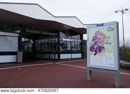 Coevorden, Netherlands - Dec 25 2022 Station Building Of Coevorden. A Map Of This City Has Been Draw