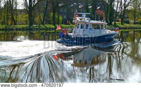 Lingen, Germany April 13 2016 - The German Water Police Patrols The Dortmund-ems Canal. The Wassersc