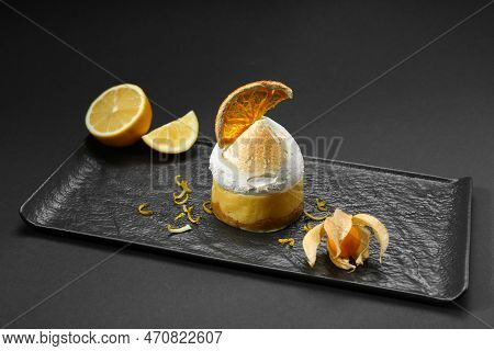 Beautiful Composition Of Delicious Dessert On Black Background. Food Stylist