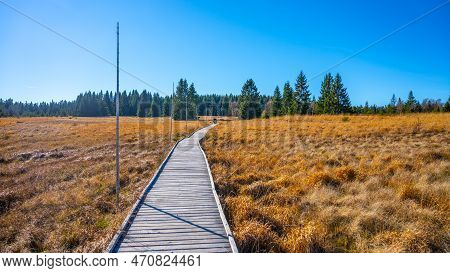 Wooden Path In Bozi Dar Peat Bog Nature Reservation On Sunny Autumn Day. Ore Mountains, Czech: Krusn