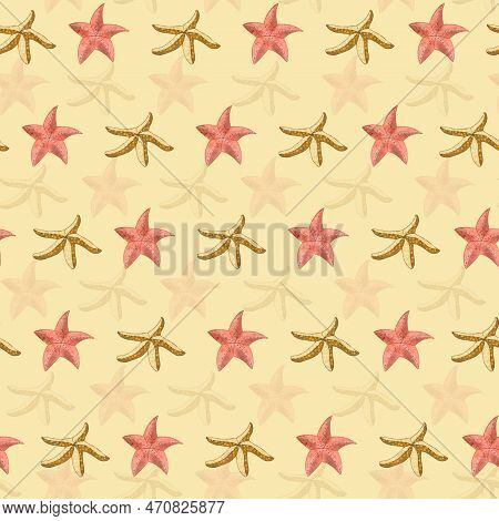 Seamless Pattern Of Starfish. Red And Yellow Starfish. Background With Star Graphics. Children's Pri