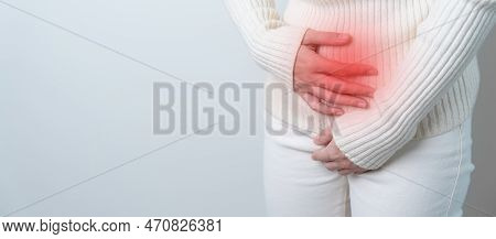 Woman Having Stomach Pain. Ovarian And Cervical Cancer, Cervix Disorder, Endometriosis, Hysterectomy