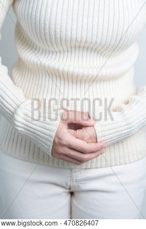 Woman Having Stomach Pain. Ovarian And Cervical Cancer, Cervix Disorder, Endometriosis, Hysterectomy