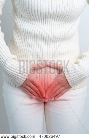 Woman Having Stomach Pain. Ovarian And Cervical Cancer, Cervix Disorder, Endometriosis, Hysterectomy