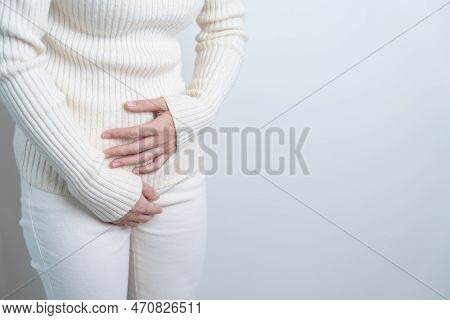 Woman Having Stomach Pain. Ovarian And Cervical Cancer, Cervix Disorder, Endometriosis, Hysterectomy