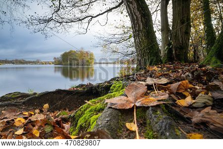 Panoramic Image Of Unterbach Lake Close To Dusseldorf During Autumn, Germany