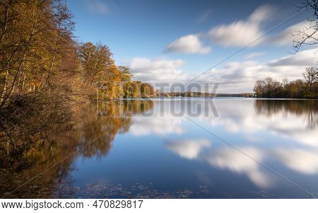 Panoramic Image Of Unterbach Lake Close To Dusseldorf During Autumn, Germany