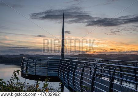 Panoramic Image Of View Point Bigge Lake During Sunset, Recreation And Hiking Area Of Sauerland, Ger