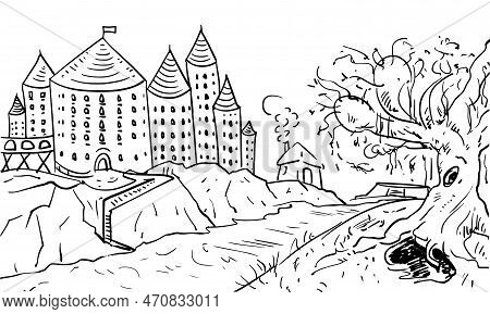 School Of Witchcraft And Wizardry, Castle With Many Towers, Weeping Willow And Burrow, A Small Fores