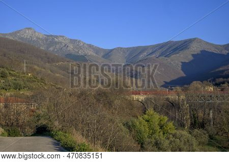 Horizontal View Of Hervas Mountain In Caceres With Greenway And Pinajarro Peak