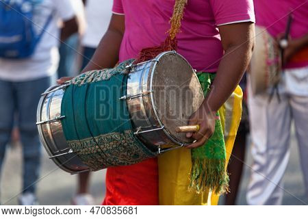 Percussionist Playing With A Dholak During The Carnival Of The Grand Boucan.