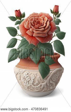 Ai Illustration. Beautiful Red Rose In Beautiful Too  Vase Isolated On White