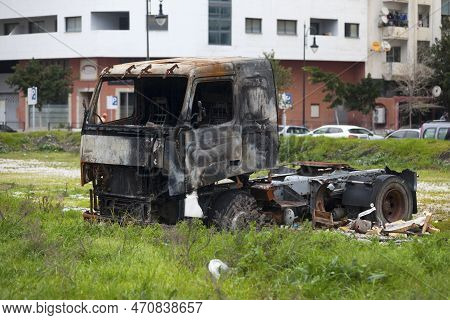 Cab-over Truck Burnt By A Pyromaniac On A Vacant Lot.