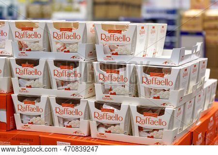 Tyumen, Russia-january 26, 2023: Big Box With Raffaello Chocolates. Raffaello, Coconut Almond Confec