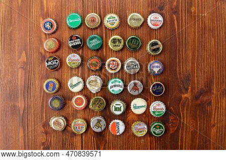 Tyumen, Russia-february 15, 2023: Set Of Beer Caps. A Mix Of Various Beer Bottle Caps