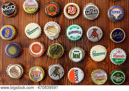 Tyumen, Russia-february 15, 2023: Set Of Beer Caps. A Mix Of Various Beer Bottle Caps