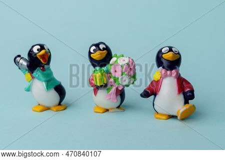Tyumen, Russia-february 15, 2023: Kinder Surprise Toy Penguins. Collection Of Kinder Surprise Toys.