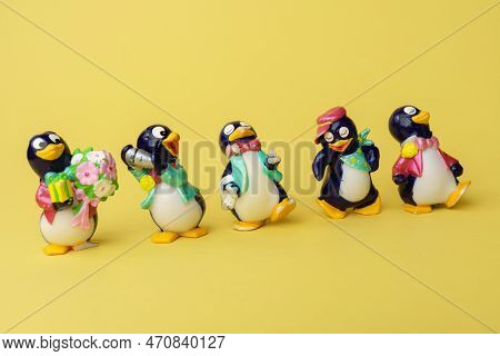 Tyumen, Russia-february 15, 2023: Kinder Surprise Toy Penguins. Collection Of Kinder Surprise Toys. 