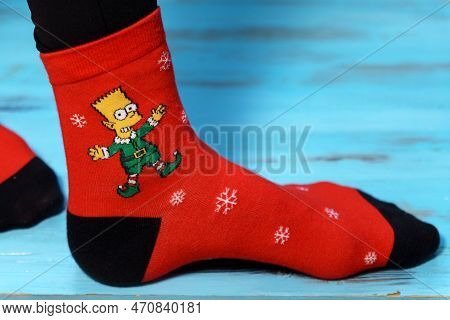 Tyumen, Russia-january 23, 2023: Socks With The Image Of Bart Simpson. The Simpsons Is An American A