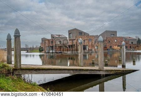 View Of Modern Neighbourhood At The Oosterlaakplas Lake In Houten, Province Utrecht, The Netherlands