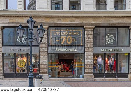 Budapest, Hungary - July 31, 2022: Sale At Springfield Garment Shop At Vaci Street In Capital City.