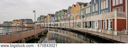 Panorama Of Famous Colorful Wooden Houses By The Rietplas Lake In Houten, Province Utrecht, The Neth