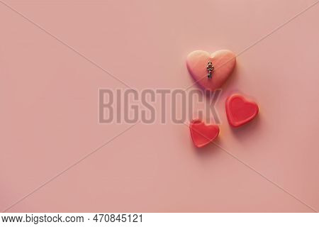 Three Red Hearts View Flatlay On Pink Background