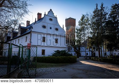 Krzyzowice, Poland - February 9, 2023: Xvii Century House, A Part Of Krzyzowice Palace Complex, Surr