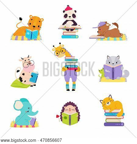 Cute Baby Animals Reading Books Set. Smart Hedgehog, Cow, Giraffe, Raccoon, Chipmunk Sitting With Bo