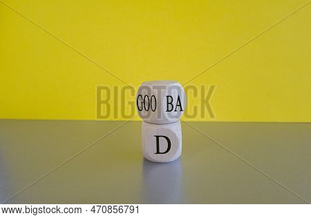 Good Or Bad Symbol. Turned Wooden Cubes And Changes The Word 'bad' To 'good'. Beautiful Gray Table, 