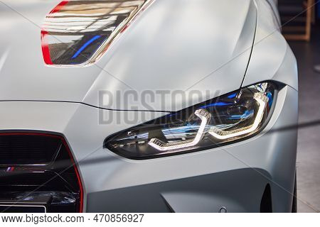 Munich, Germany - October 12th 2022 - The Bmw Welt, Car Headlight, Hood And Grille Of Bmw M4 Csl.