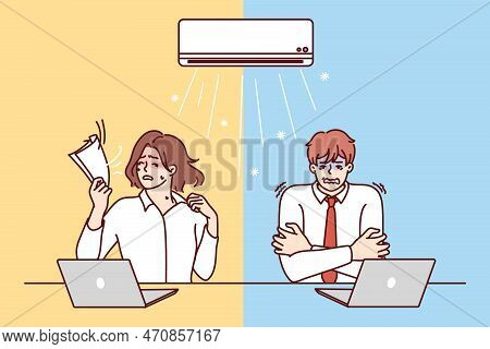 Man And Woman Sitting At Table Under Air Conditioner Experience Discomfort Due To Different Percepti