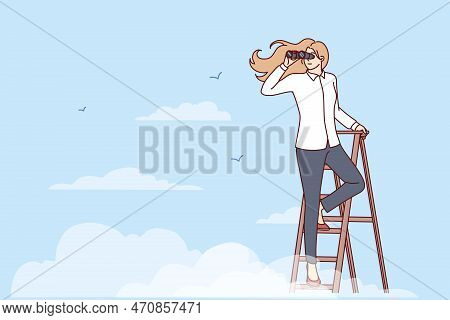 Woman Leader Stands On Top Of Stepladder Among Clouds And Looks Into Distance Through Binoculars. Pu