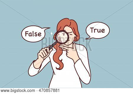 Girl With Magnifying Glass Is Trying To Make Difficult Choice That Standing Between Inscriptions Fal